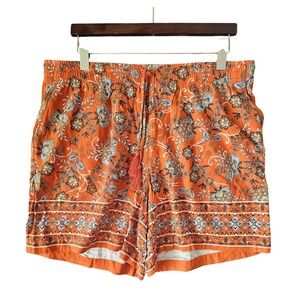 J Jill Size L Petite Floral‎ Print Shorts Orange Blue Boho Drawstring w/ Pockets